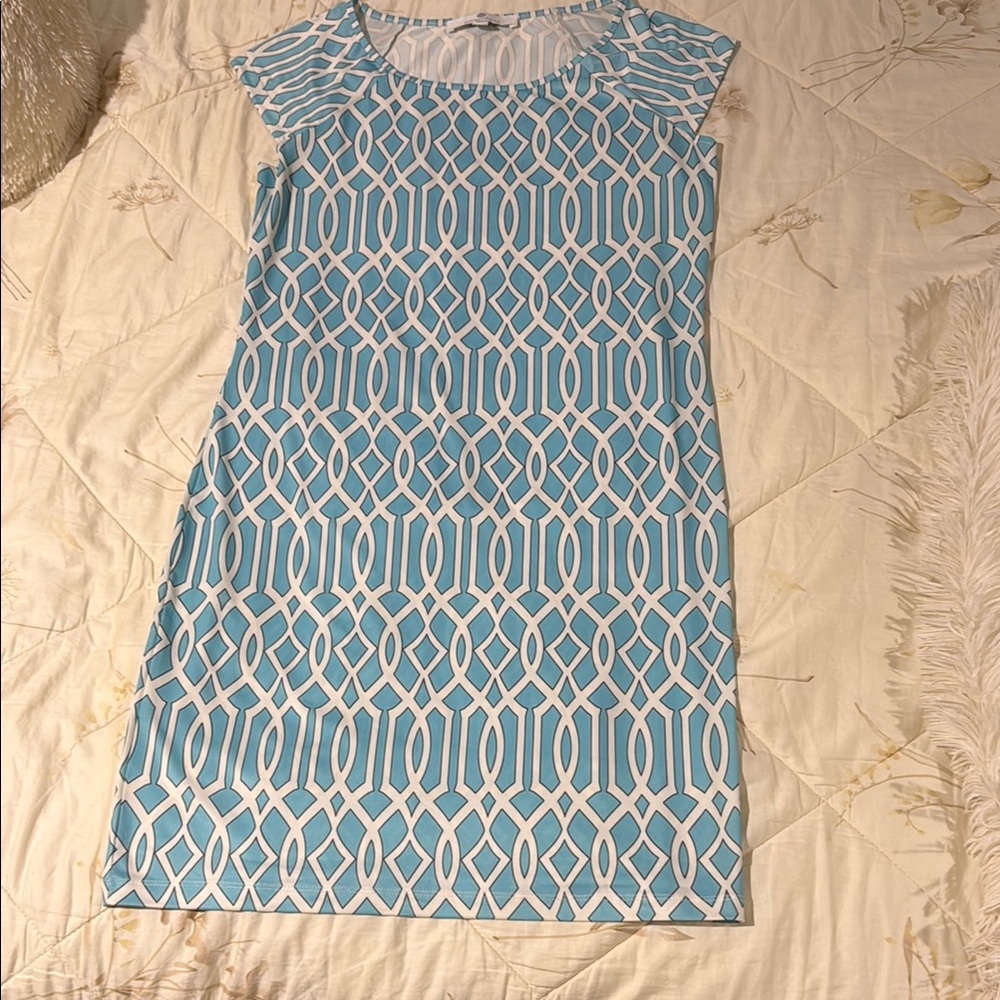 Blue and White Geometric Pattern Dress